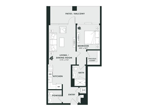 A floor plan of a house with a living room, dining room, kitchen, powder room, and bedroom.